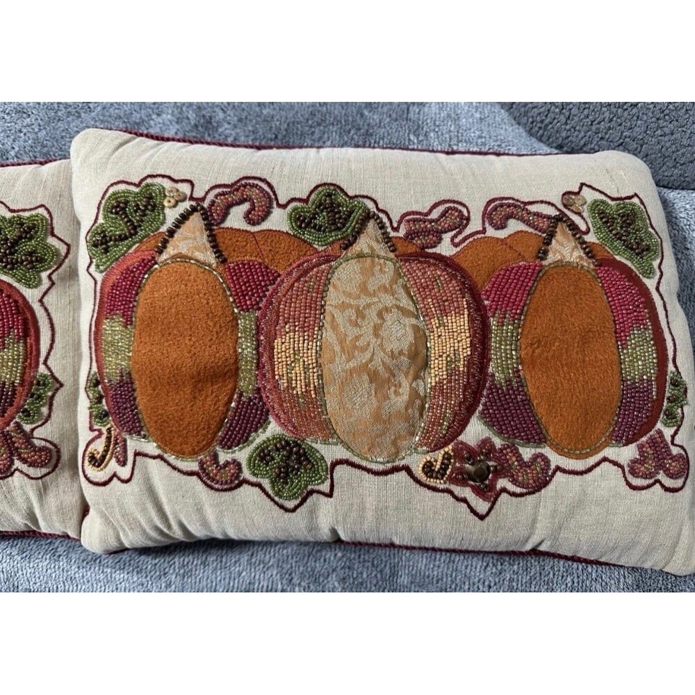 Pier 1 Beaded Fall Harvest Pumpkin Throw Pillows Set Of 2 Clean